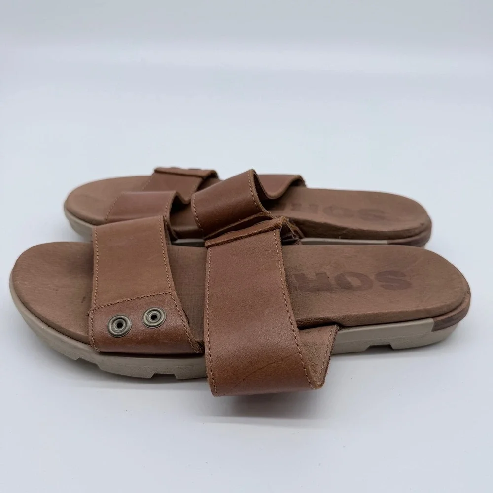 Sorel Ella Slide Sandals Tan Brown Leather Grommet Flat 6.5 NL2937-224